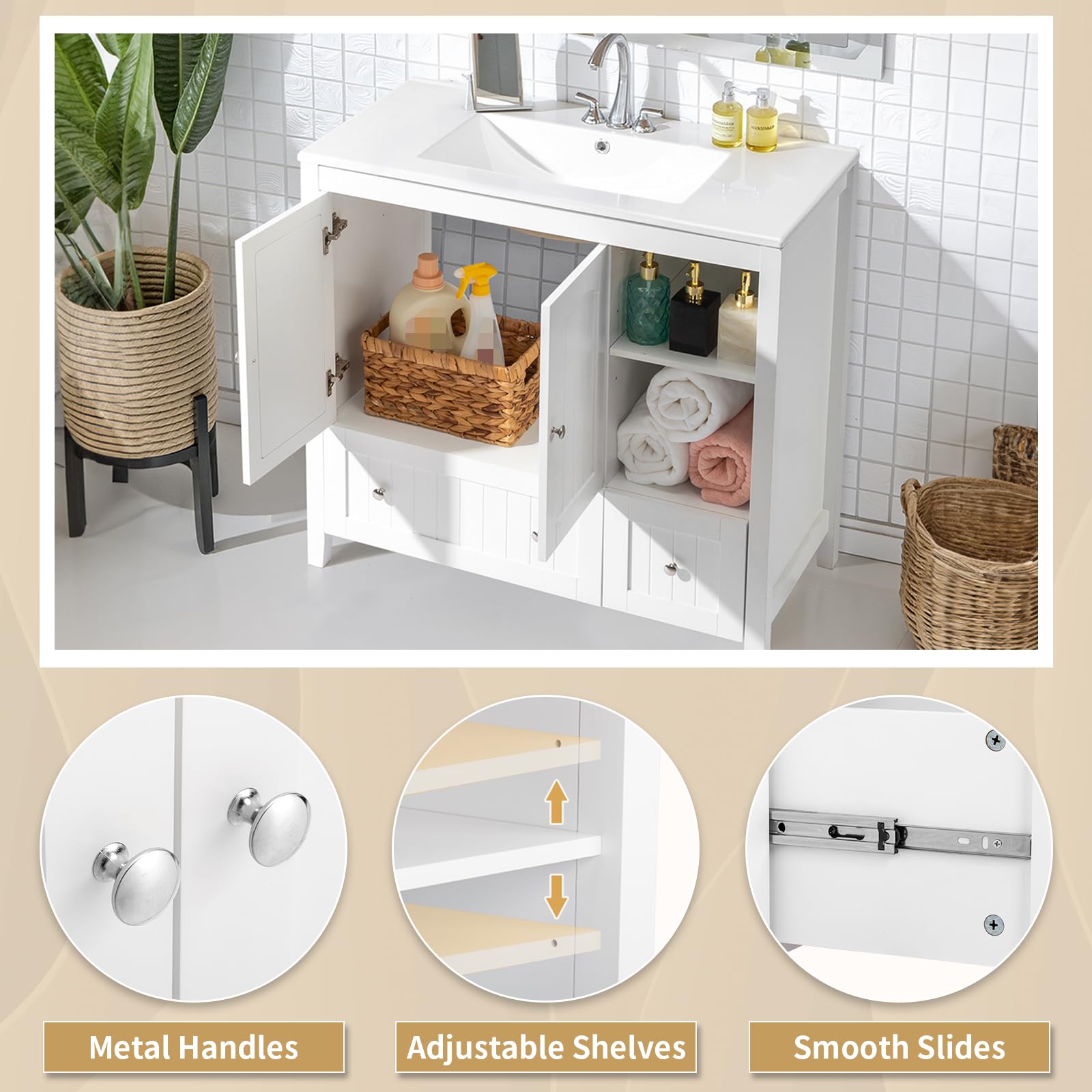 VINGLI 36" Modern Bathroom Vanity with Ceramic Sink, White Bathroom Vanity Cabinet w/2 Stripe Doors & 2 Drawers, Bathroom Sink Cabinet Combo, Floor Storage Cupboard w/Open Shelf for Bathroom