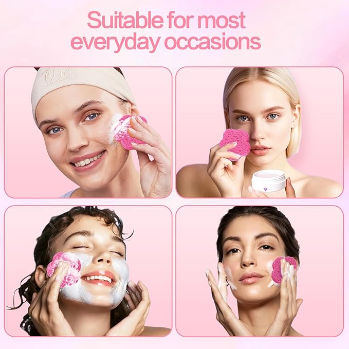 50-Count Facial Sponges Compressed Facial Sponges Natural Facial Cleansing Sponges Pads Cute Flower Shape Exfoliating Sponges for Cleansing Reusable,Best Makeup Gift, Pink