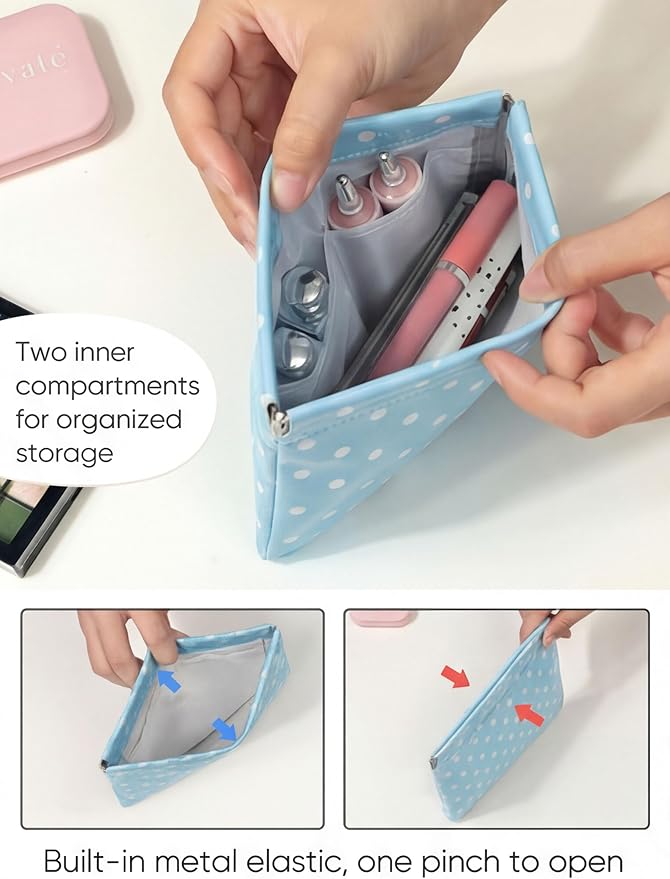 Ksriylm Dots Leather Makeup Pouch Set for Women Small Make Up Bag for Purse Waterproof Initial Makeup Cosmetic Bags Pouches for Purse Aesthetic Travel Toiletry Bag,Blue White