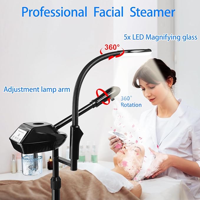Professional Facial Steamer on Wheels, 2-in-1 Facial Steamers with 5X Magnifying Lamp, Facial Steamer for Facial Deep Cleaning and Hydration, Facial Humidifier for Spa, Salon and at Home Use