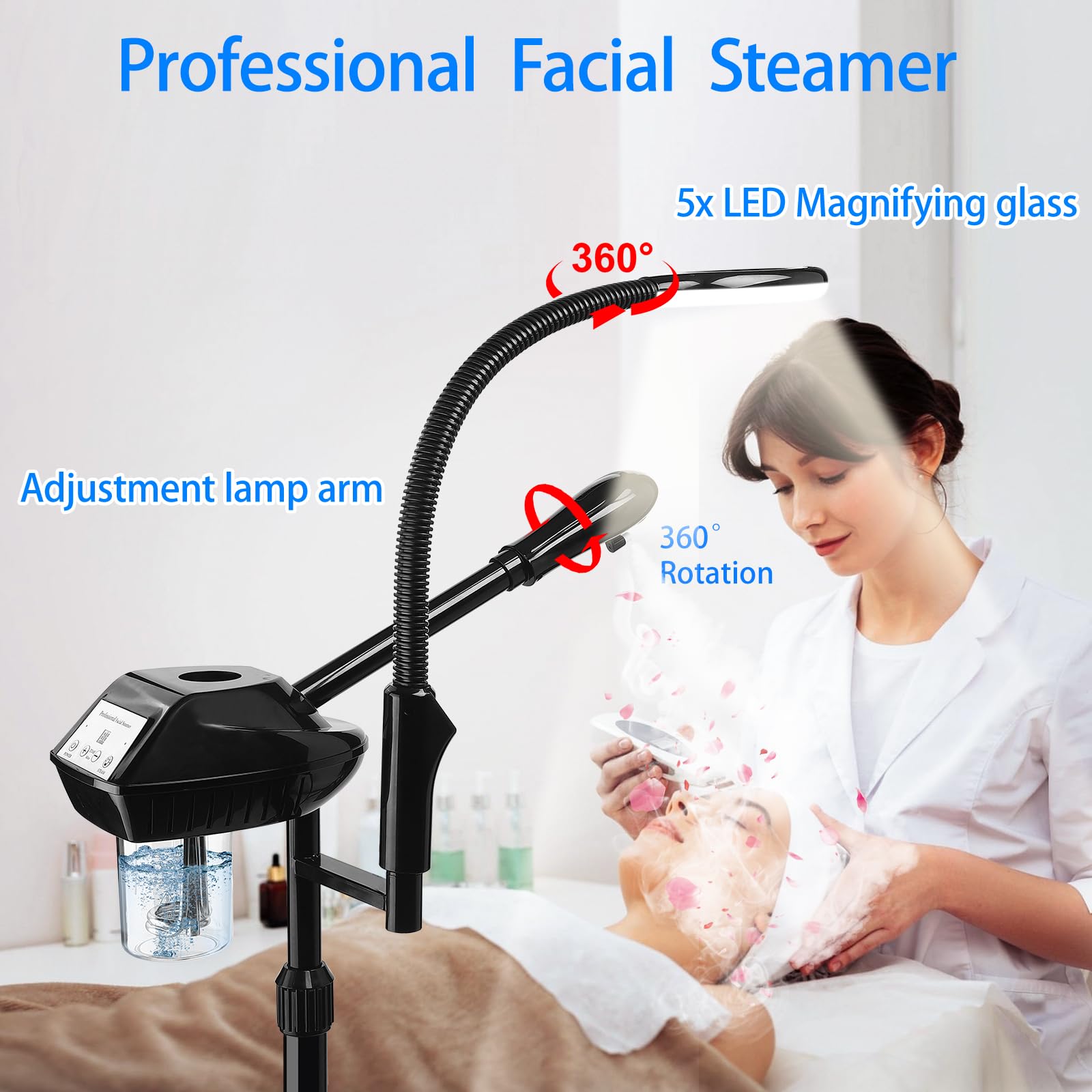Professional Facial Steamer on Wheels, 2-in-1 Facial Steamers with 5X Magnifying Lamp, Facial Steamer for Facial Deep Cleaning and Hydration, Facial Humidifier for Spa, Salon and at Home Use