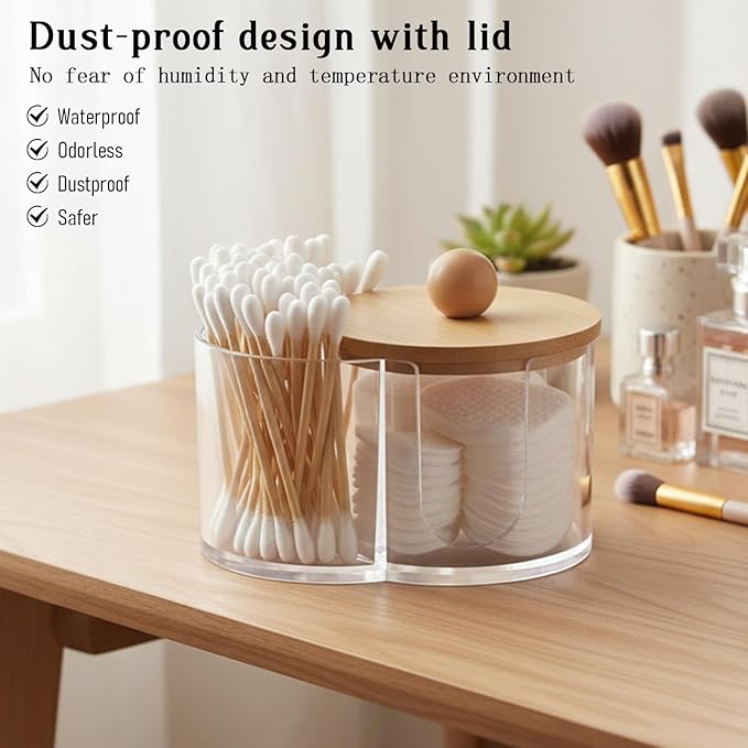 Quilax Cotton Round Holder, Dual Compartment Qtips Dispenser with Removable Dustproof Lid, Clear Plastic Cotton Pad Holder, Countertop Cottons Ball Holders Storage Container