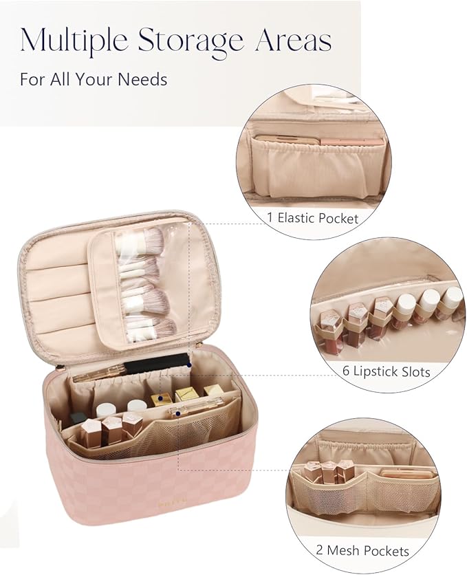 Prite Makeup Bag, Large Capacity Cosmetic Bag for Women and Girls, Waterproof PU Leather Travel Case with Handle, Divider for Skincare and Brushes - Checkered Pink