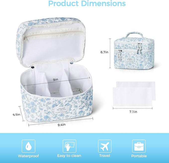 Gosect Quilted Floral Makeup Bag, Double Layer Large Capacity Cosmetic Bag with Compartments, Cute Coquette Aesthetic Toiletry Bag, Portable Travel Organizer with Dividers for Women Girls