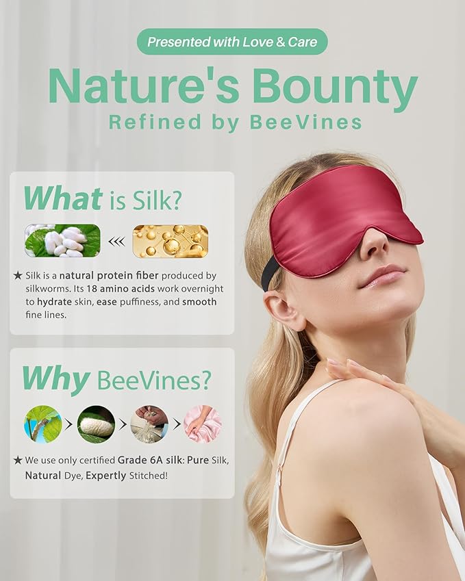 BeeVines 100% Real Mulberry Silk 2 Pack Sleep Mask, Pure Silk Eye Masks with Adjustable Strap for Sleeping, Block Light Eye Shade Cover, Reduces Puffy Eyes Traveling Gifts(Black & Red)
