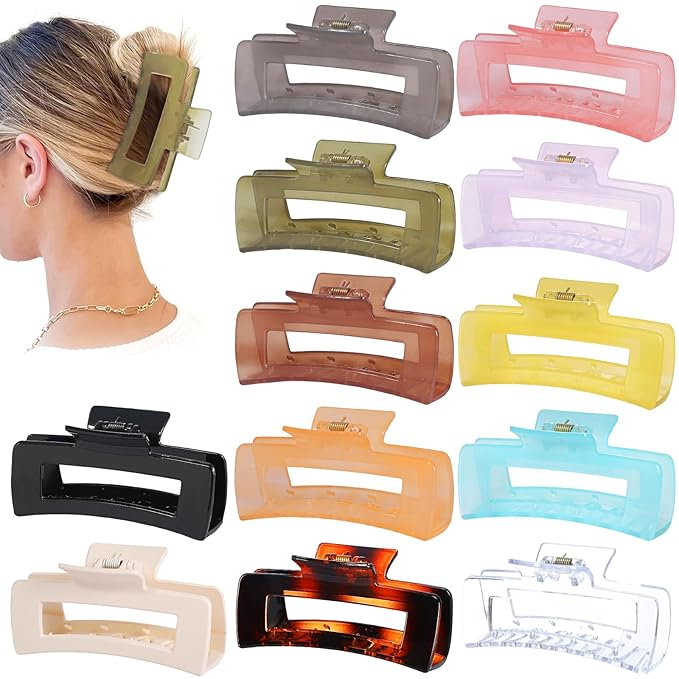Sisiaipu 12 Pack Large Square Hair Claw Clips for Women and Girls, 4.1 x 2.1 x 1.2 inch, 12 Rubber Paint and Plastic Materials, Non-Slip Jumbo Jaw Design - Jelly