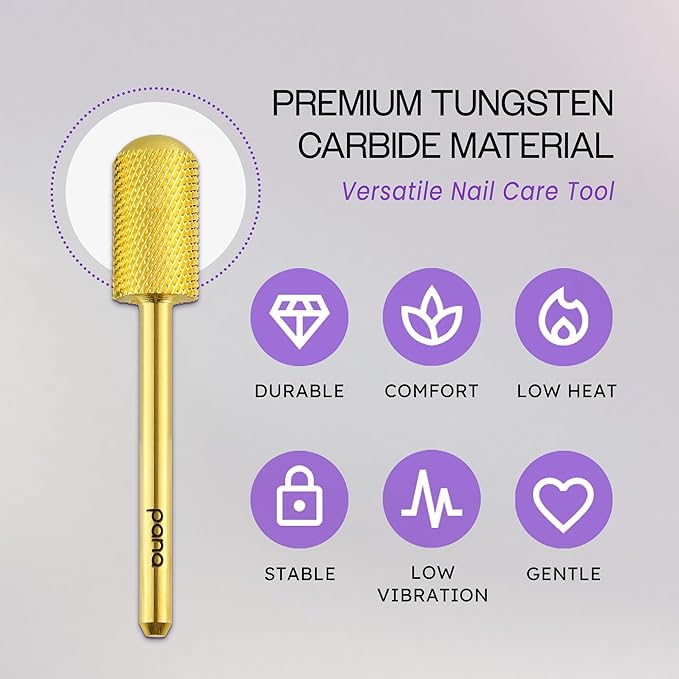 PANA 3/32" Large Smooth Round Top Safety Carbide Nail Drill Bit for Gel Polish & Acrylic Removal Nail Salon Manicure Pedicure Electric File Tools (Large Barrel - Gold, Fine)
