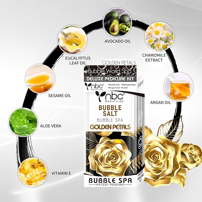 nbc BeautiLab Pedicure Kit Foot Soak Set: Bubble Salt, Sugar Scrub, Massage Mask, Massage Lotion in a Box, 4 Step Foot Spa Kit for Dry Feet,Tired Feet（3 Set Golden petals)