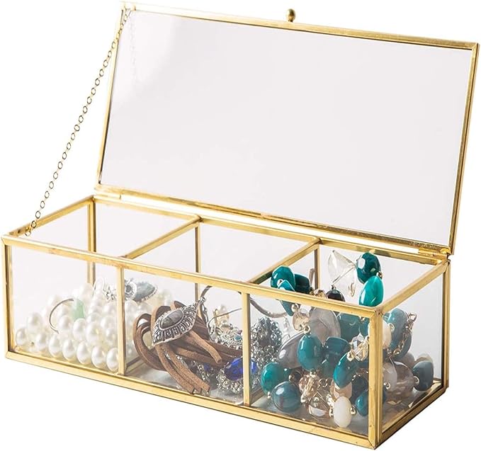 Utopz Vintage Golden Glass Lidded Box Clear Glass & Brass Metal Storage Jewelry and Cosmetic Makeup Organizer with Lid Beauty Display, Rectangle with 3 Compartment