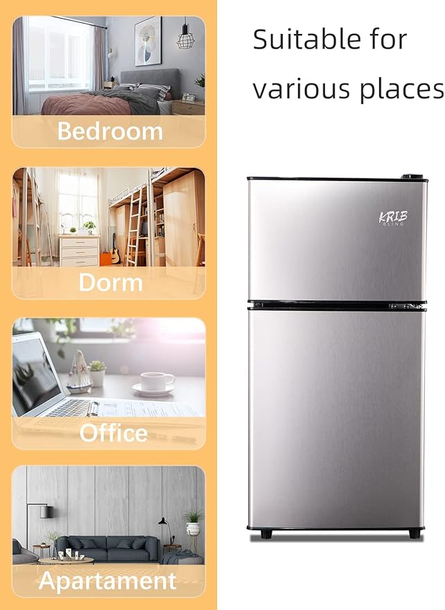 KRIB BLING Mini Fridge With Freezer,3.5 Cu. Ft Compact Refrigerator With 2 Doors,7- Level Adjustable Thermostat, Removable Glass Shelves For Bedroom, Office, Kitchen, Apartment, Dorm, Silver