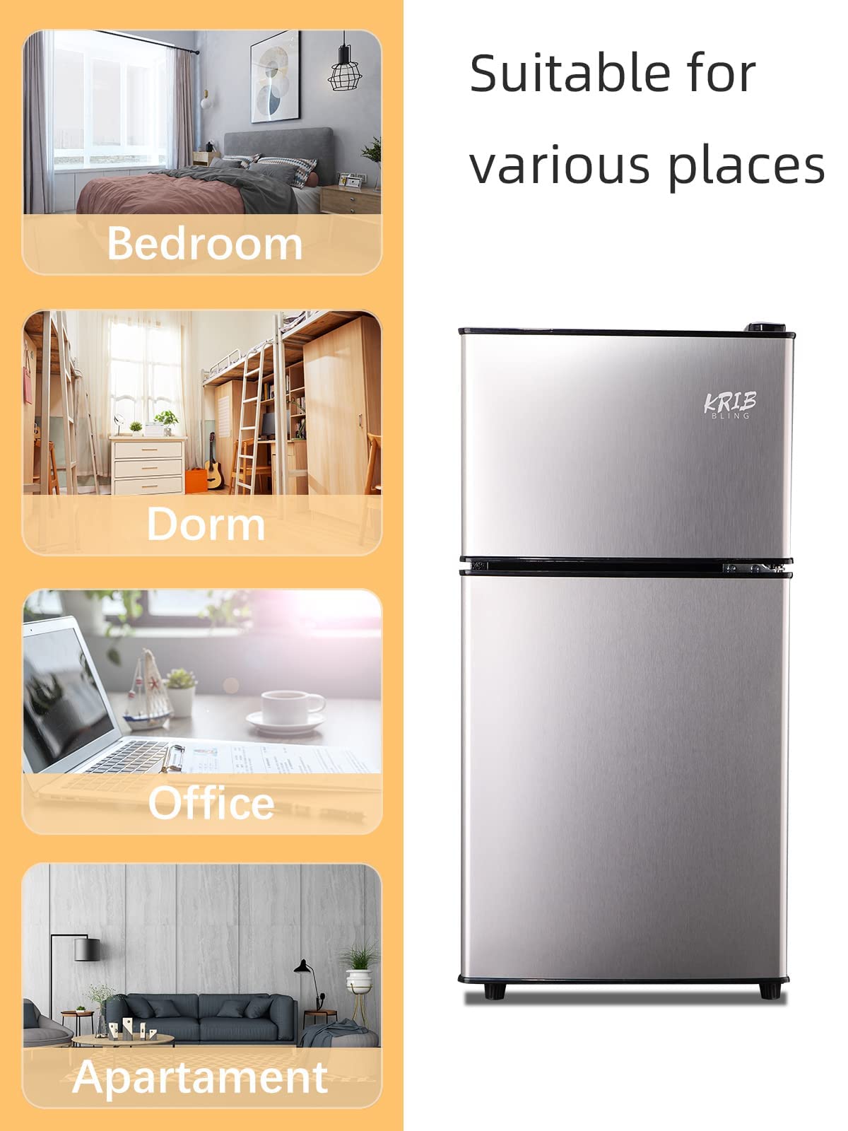 KRIB BLING Mini Fridge With Freezer,3.5 Cu. Ft Compact Refrigerator With 2 Doors,7- Level Adjustable Thermostat, Removable Glass Shelves For Bedroom, Office, Kitchen, Apartment, Dorm, Silver