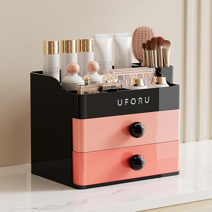 UFORU Makeup Organizer for Vanity with Brush Holder, Countertop Skincare Organizer with 2 Drawers, Spacious Cosmetic Display Case for Perfumes, Eyeshadow Palettes, Nail Polishes