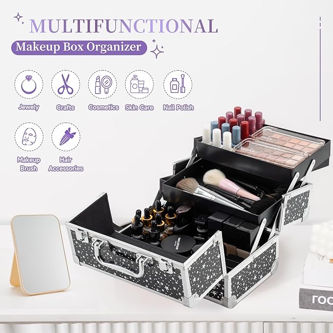 Leeora&Leekoo Makeup Train Case Cosmetic Box Portable Makeup Case Organizer 2 Trays Makeup Storage for Cosmetologist Aesthetic Supplies Nail Tech Traveling Makeup Box (Flashing Star)