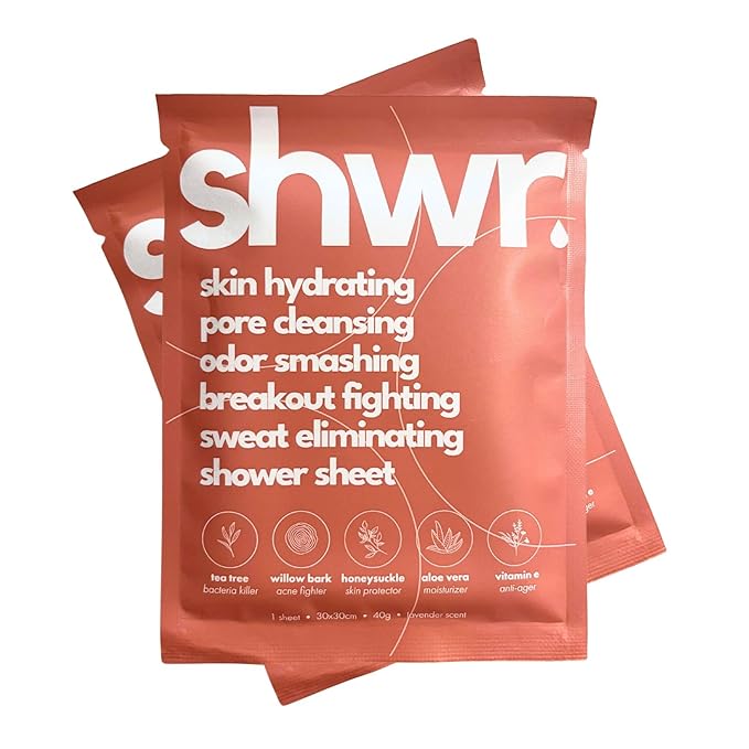 Shwr, Shower Sheet Body Wipes, Individually Wrapped, Extra Large 12"x12", Pack of 10, for Gym Bag or Day Pack