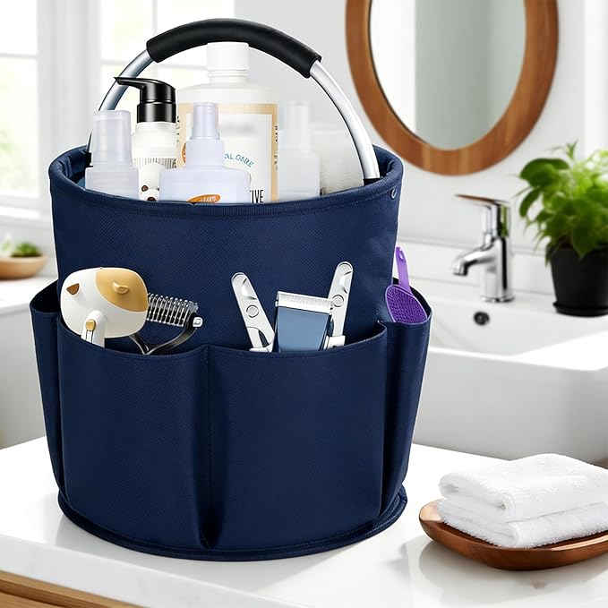 Felt Pet Dog Grooming Bag, Small Pet Grooming Tote Bag, 6-pocket Dog Grooming Supplies Organiser, Travel Outdoor Hold for Clippers Nail Grinder, Cleaning Brush, Trimmer, Nozzle, Blue