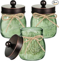 SheeChung Green Glass Qtip Holder Dispenser, Mason Jar Apothecary Jars with Lids, Bathroom Organizers and Storage, Vanity Countertop Canisters Set for Cotton Swab, Ball, Pad, Floss Pick-ORB, 3 Pack