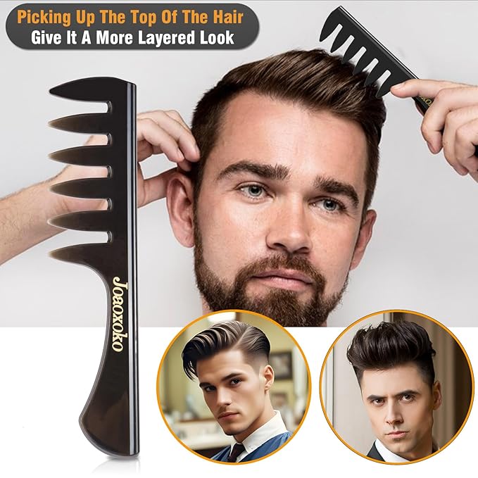 joaoxoko Wide Tooth Comb Set for Men - 4 Pcs Professional Barber Combs with Anti-Static Design, Reduce Hair Pulling for Curly Thick Hair, Textured ABS Black Combs for Travel Salon Home Grooming