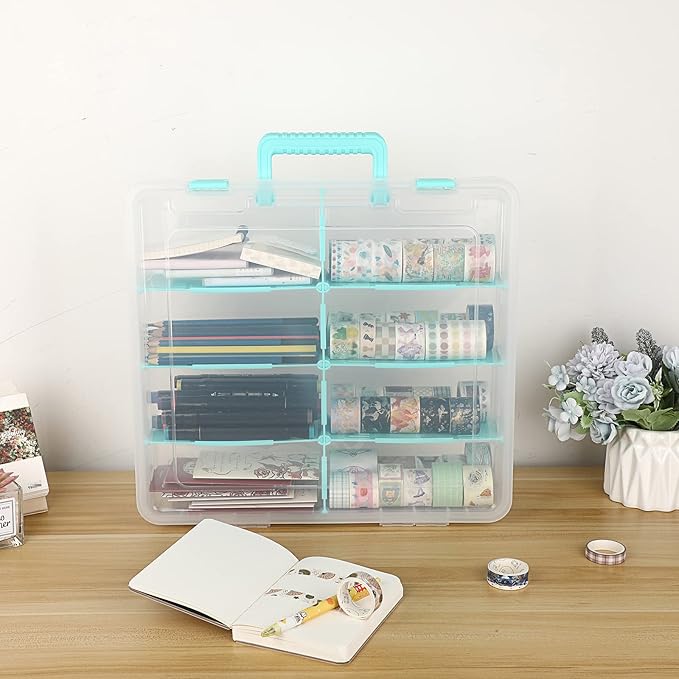 BTSKY Clear Plastic Dividing Storage Box with 8 Compartments Adjustable Storage Bin with Lid Portable Craft Storage Container Multipurpose Sewing Box Art Supply Organizer, 15.1x13.9x3.5 Inches