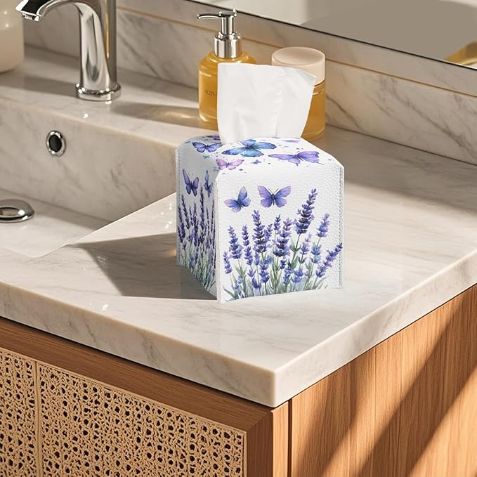 Butterfly Tissue Box Cover Purple Lavender Blossoms French Garden Leather Tissue Box Holder Square Facial Paper Organizer Dispenser for Car Bathroom Bedroom Office Tabletop Decor