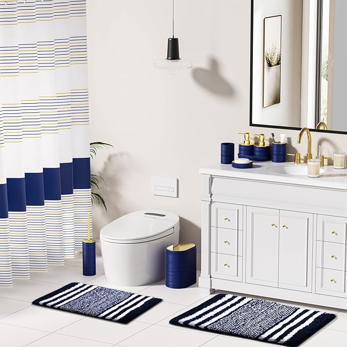 InnJoey Bathroom Set - Bathroom Sets with Shower Curtain and Rugs, 25PC Bathroom Accessory Set, Blue Bathroom Accessories Set with Trash Can, Soap Dispensers