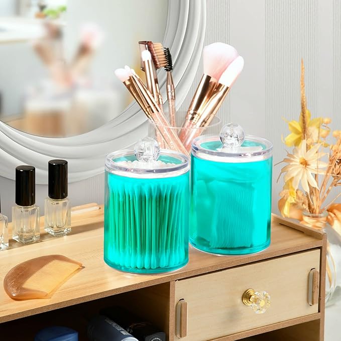 Teal Green Qtip Holder Organizer Dispenser Cotton Swabs Cans Plastic Jars with Lid Set 4 Pack Bathroom Storage Canister for Cotton Ball Floss Cotton Pads