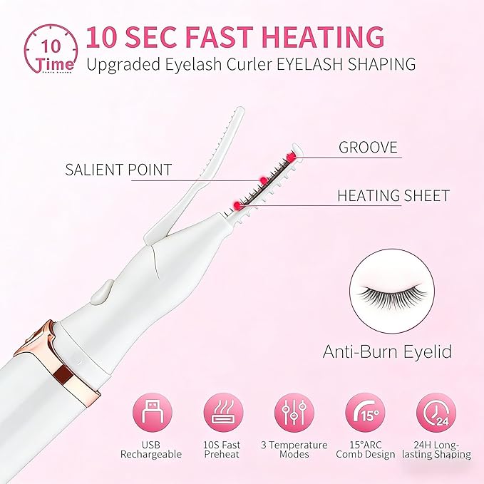 Heated Eyelash Curler Kit,Electric Eyelash Curler, Eyelash Curlers,False Eyelash Segments,Rechargeable Lash Curler for Makeup Natural Curling Eye Lashes and 24 Hours Long Lasting (White)