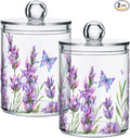 ALAZA Purple Toothbrush Holder 2 Pack Qtip Holder Dispenser for Cotton Ball Lavender Flower Purple Cotton Swab Round Pads Clear Plastic Acrylic Jar Set Bathroom Canister