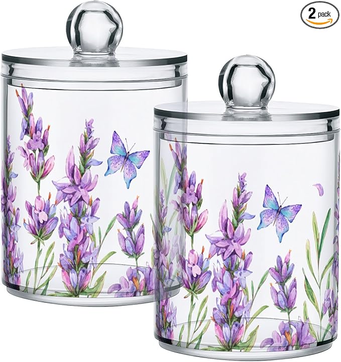ALAZA Purple Toothbrush Holder 2 Pack Qtip Holder Dispenser for Cotton Ball Lavender Flower Purple Cotton Swab Round Pads Clear Plastic Acrylic Jar Set Bathroom Canister