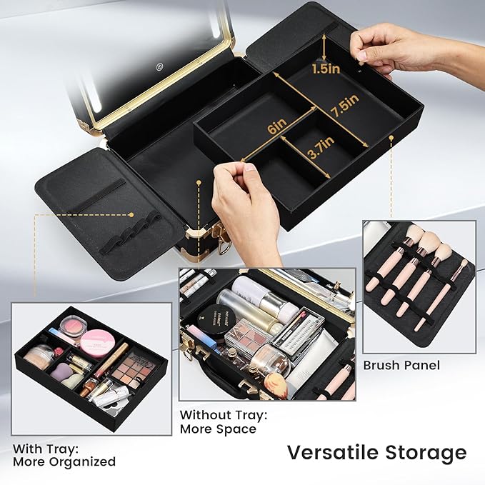 Faquenc Makeup Train Cases with Light Up Mirror 3 Color Setting, Lighted Makeup Case Organizer with Detachable Tray, Travel Makeup Box with Light for Make up Tools Storage (Black Moutain Shadow)