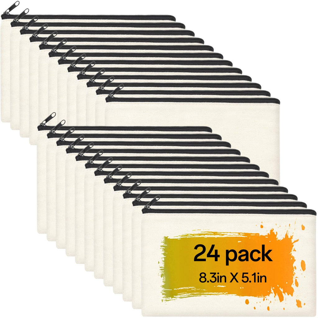 ZeeDix 24 Packs Beige Canvas Pouch- Multi-purpose Cosmetic Bag with Zipper, Blank DIY Craft Canvas Zipper Bags, Travel Toiletry Bag (8.3 x 5 inches)