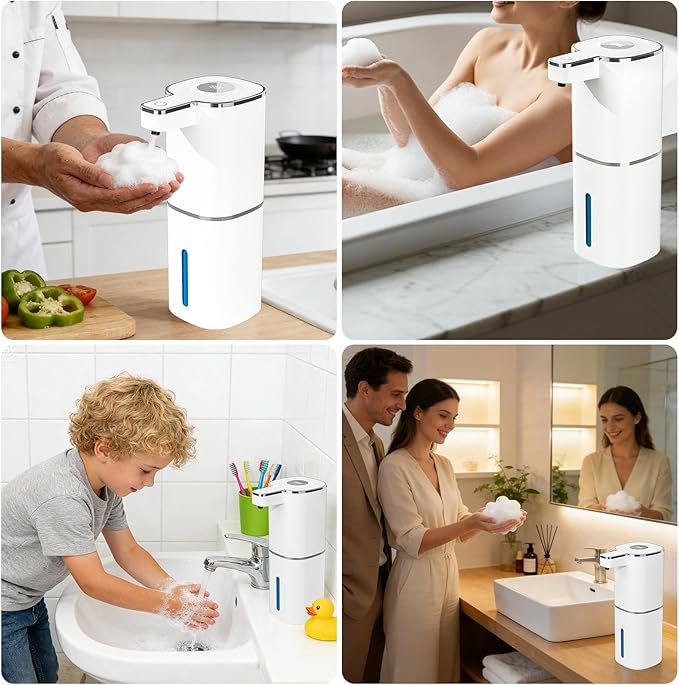 Automatic Foaming Soap Dispenser, Touchless Rechargeable Hand Soap Dispenser, 4 Adjustable Levels, 1200mAh Battery, Large Display, for Kitchen & Bathroom (White, Foaming)