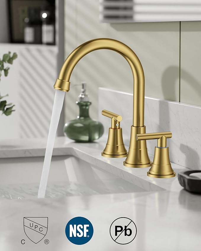 FORIOUS Gold Bathroom facuet 3 Hole, 8 inch Brushed Gold Bathroom Sink Faucet Widespread with 360° Swivel Spout and Spare Water-Saving Aerator and Drain, 3 Piece Vanity Tap for Restroom Upgrade