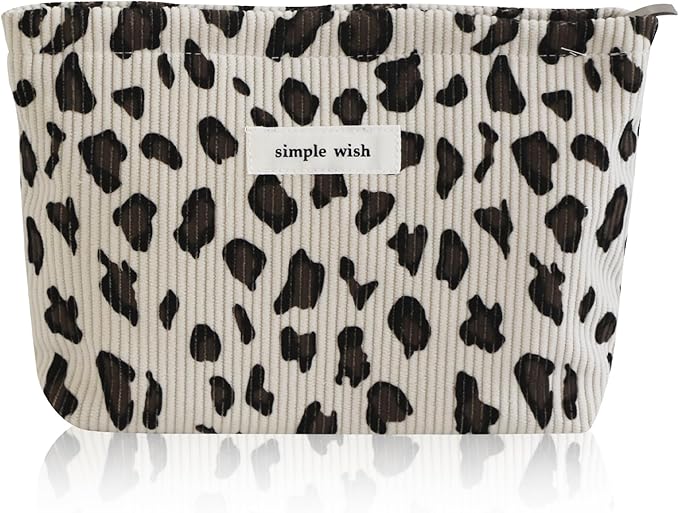 Wudygirl Makeup Bag Travel Cosmetic Bag for Women Small Makeup Pouch with Handle Zipper Cosmetic Pouch Handbag Aesthetic 8.3" x 5.9"(White Leopard)