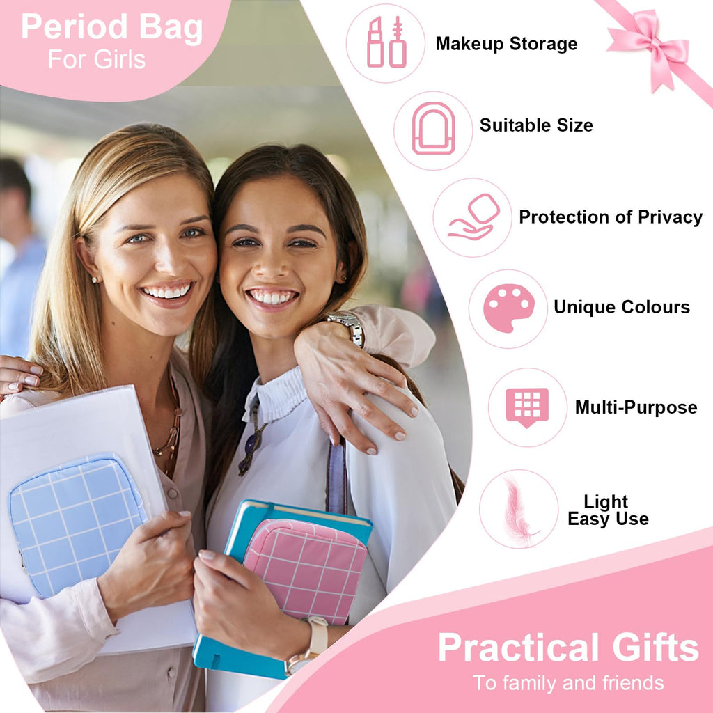 Desing Wish Period Bag Pouch Soft Cloth Sanitary Napkin Storage Bag Portable Menstrual Pad Pouches Tampon Holder for Purse First Period Kit for Girls 9-12 (Red-Blue Check)