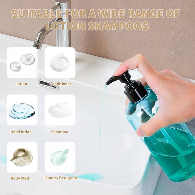 Bynccea Pump Bottle 16 oz/500 ml Empty Shampoo Pump Bottles Dispenser Portable Pump Plastic Bottles for Shampoo and Conditioner Liquid