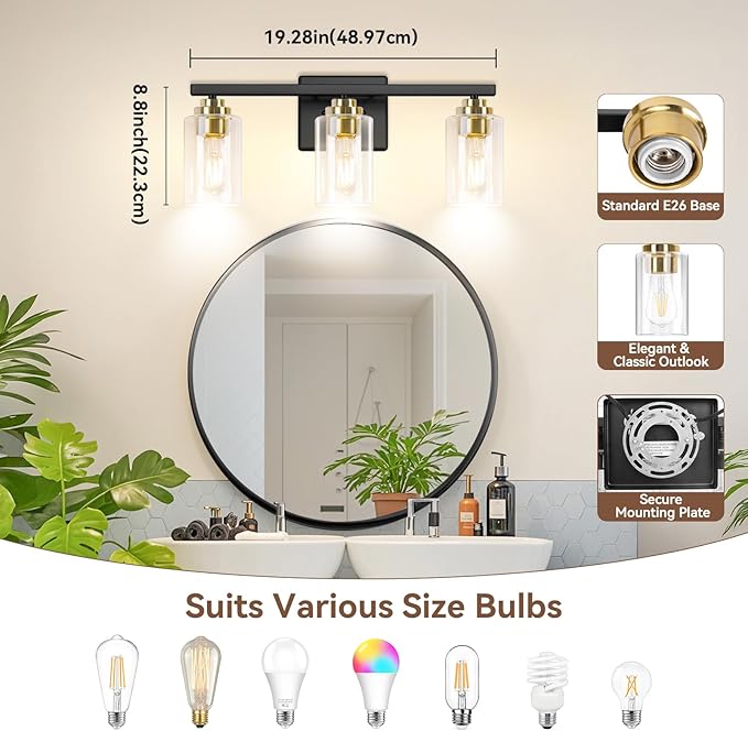 19" Black & Gold Modern Vanity Lights Over Mirror with Clear Glass Shades