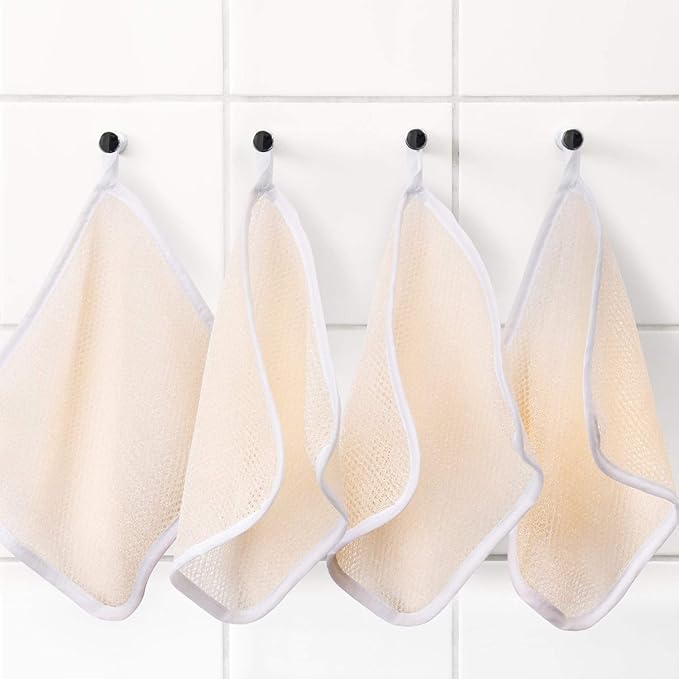 Tatuo 5 Pcs Exfoliating Face and Body Wash Cloths Towel Weave Bath Exfoliating Scrub Massage Bath Cloth for Women and Men, 10.23 x 8.66 Inch(Beige Edge)
