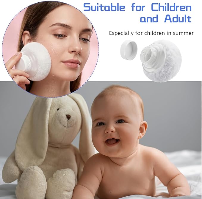 Wanmu 3.1 Inch Body Makeup Puff and Container, Fluffy After Bath Body Makeup Puff Box, Storage Body Powder Container with Handheld Stand for Baby Adult Daily Care (White)