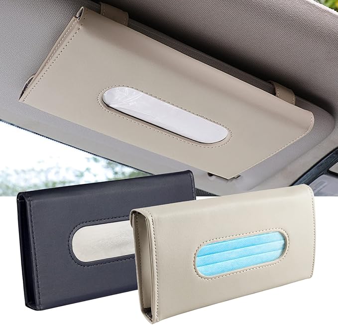 Car Tissue Holder, 2 Pack Sun Visor Napkin Holder, Premium PU Leather, Car Mask Holder for Sun Visor Vehicle, with Tissue Refill, Black&Beige