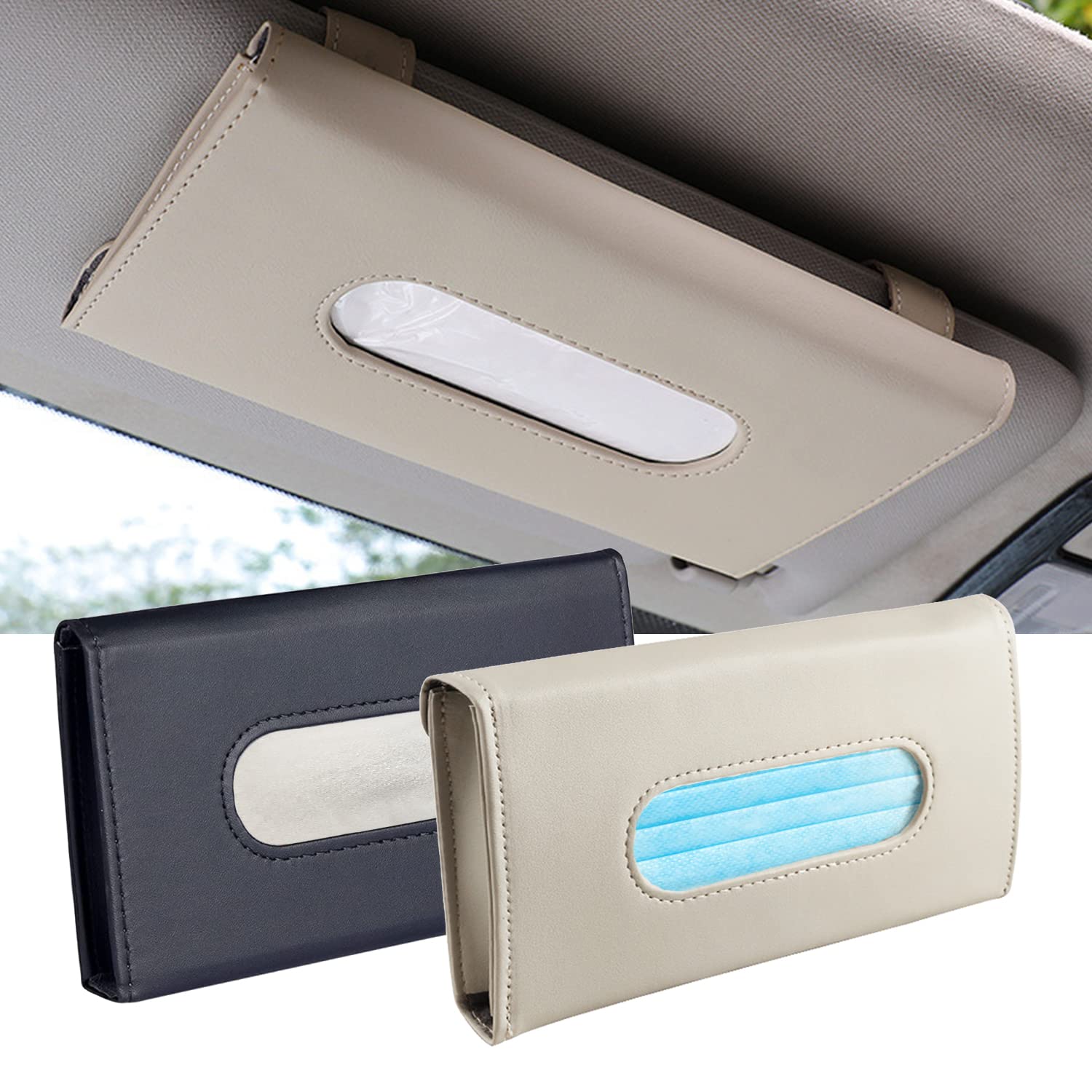 Langmeil Car Tissue Holder, 2 Pack Sun Visor Napkin Holder, Premium PU Leather, Car Mask Holder for Sun Visor Vehicle, with Tissue Refill, Black&Beige
