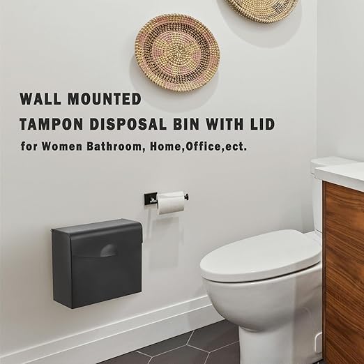 FAOEHN Sanitary Napkin Disposal Receptacle with Hygiene Disposal Bags and Trash Bag,9.4x7.8x3.5 inches Stainless Steel Wall Mounted Feminine Hygiene Disposal Trash Can Bin for Bathroom,Office (Black)