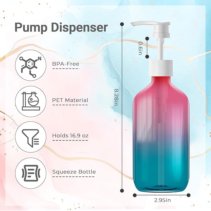 Empty Plastic Bottles with Pump Dispenser, 500ml Gradient Bottle, 6 Pack