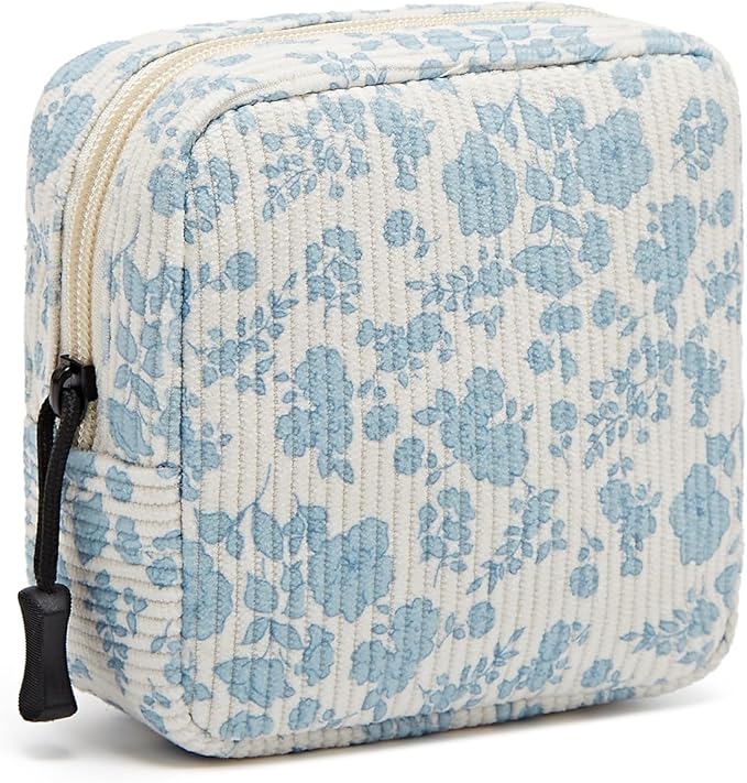 ZOEMTIU Small Makeup Bag for Purse,Mini Cosmetics Bag cute Zipper corduroy Cosmetic Pouch Storage Pouch Travel Toiletry Organizer for Women Girls(Plants Blue)