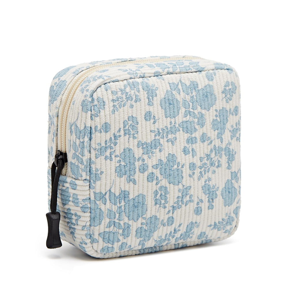 ZOEMTIU Small Makeup Bag for Purse,Mini Cosmetics Bag cute Zipper corduroy Cosmetic Pouch Storage Pouch Travel Toiletry Organizer for Women Girls(Plants Blue)