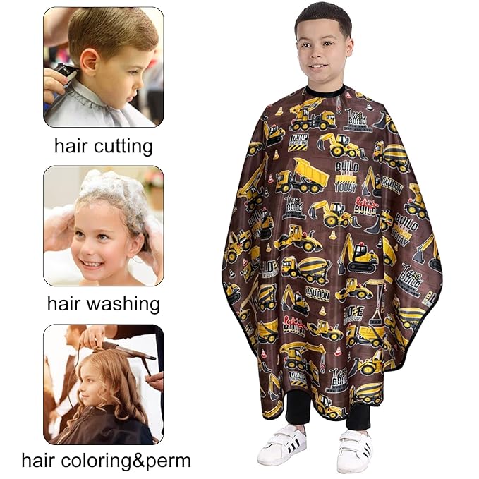 Pelocapa Hair cutting Capes for Kids Waterproof Salon Capes Shampoo Capes for Boys Girls Children - 39"× 51" (Construction Vehicle)