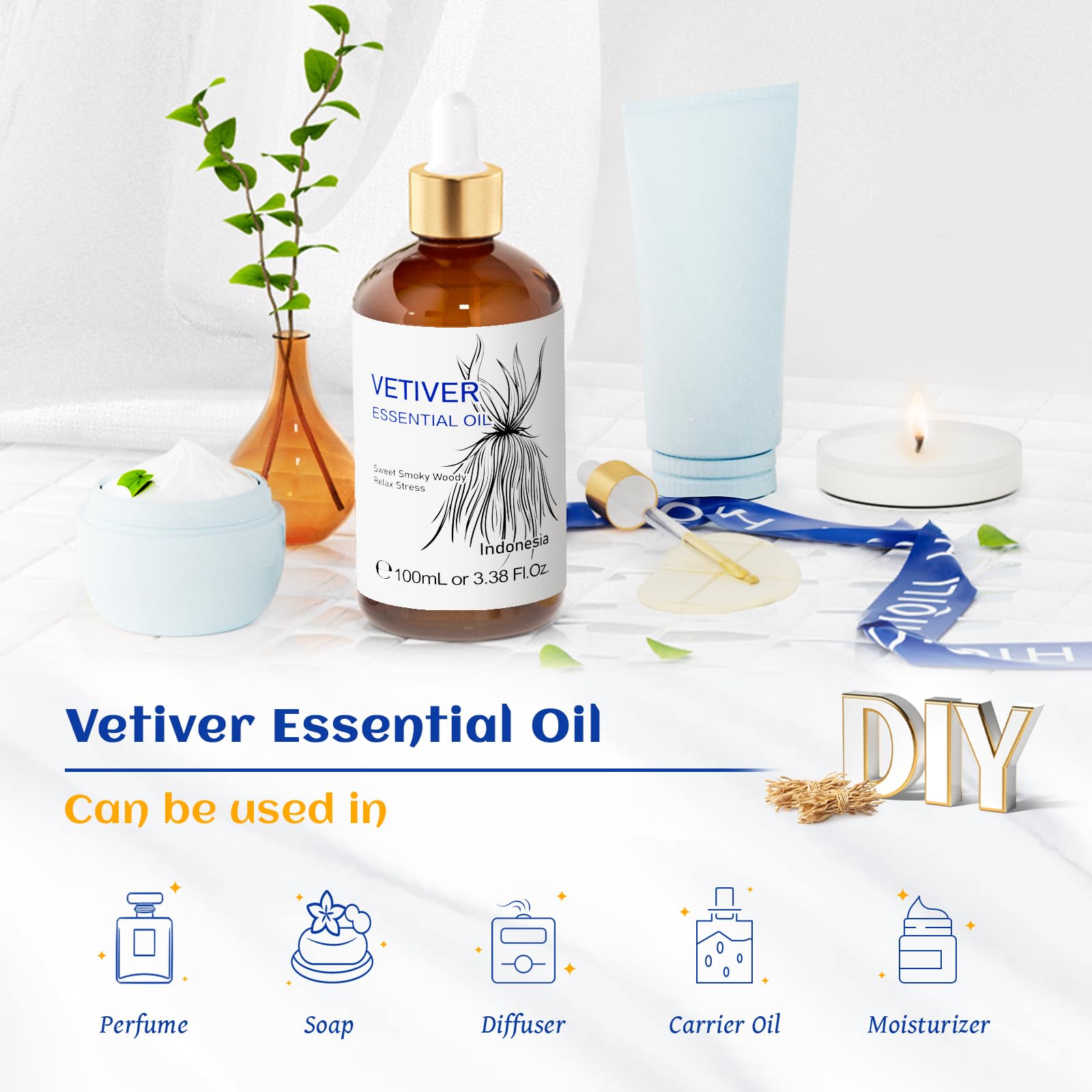 HIQILI Vetiver Essential Oil for Skin, Perfume, Aromatherapy