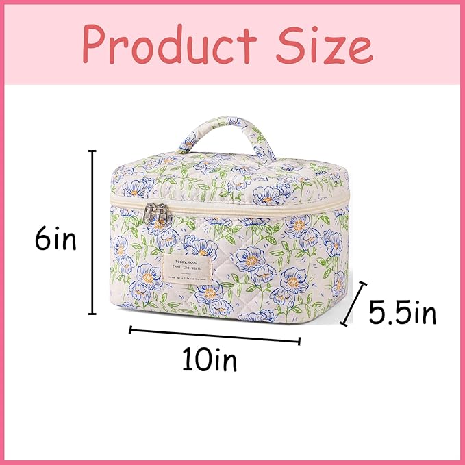 uekeboag Large Travel Quilted Makeup Bag for Women, Floral Cotton Cosmetic Bag, Coquette Aesthetic Floral Toiletry Organizer Bag (02Blue-Flower)