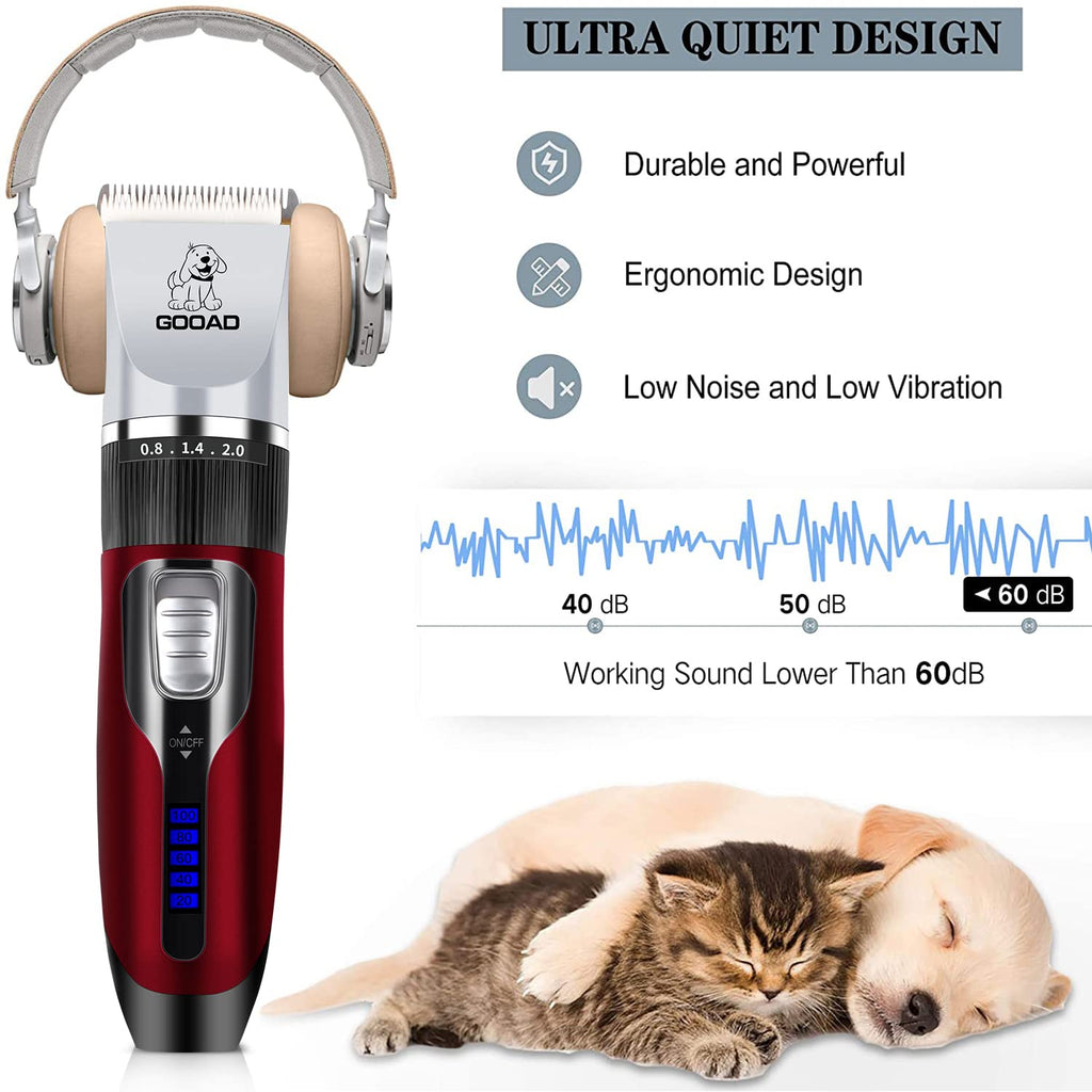 Gooad Dog Clippers Grooming Kit and Paw Trimmer,Cordless,Low Noise, Electric Quiet,Rechargeable, Dog Trimmer Grooming, Pet Hair Clippers for Thick Coats,Shaver for Small and Large Dogs Cats(Red)
