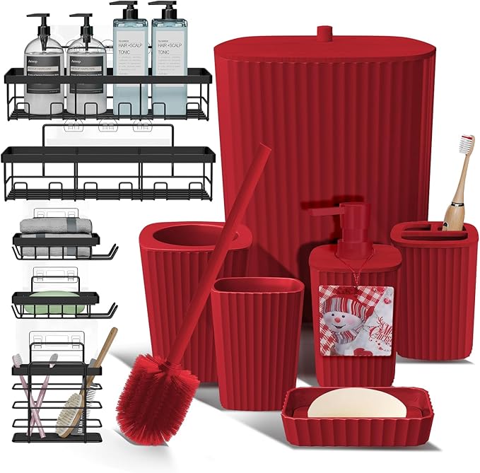 Clara Clark Bathroom Set - Christmas Bathroom Sets, Xmas Bathroom Accessories Set, 6PC Bathroom Accessory Set with Toilet Brush, Trash Can & Soap Dispenser