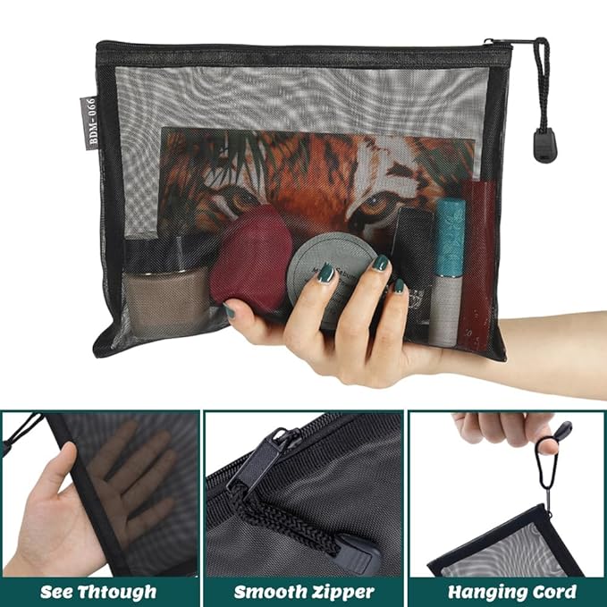 besharppin 6 Pack Mesh Cosmetic Bags, Nylon Makeup Pouches with Zipper for Home Office Purse Diaper Bag (Black)